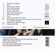 Titelliste mit 13 Liedern und Gesamtspielzeit. Ensemble RESONEZ: Namen von Sängerinnen. Barcode und Logos. Hände greifen Äste.