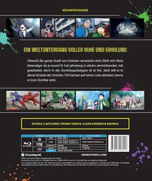 "Ein Weltuntergang voller Ruhe und Erholung" steht oben in gelbem Text. Darunter sind Bilder aus einer bunten, animierten Serie.