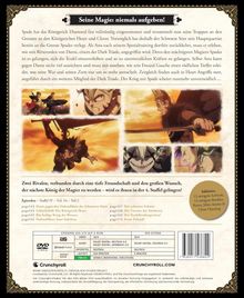 "Seine Magie: niemals aufgeben!" Oben stehen mehrere Szenenbilder aus einem Anime. Darunter Episodeninfos und DVD-Spezifikationen.