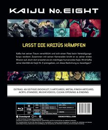 "Kaiju No. Eight", farbige Anime-Bilder, "Lasst die Kaijūs kämpfen", Infos über Kafka und seine Mission, Extras: Booklet, Artcards.