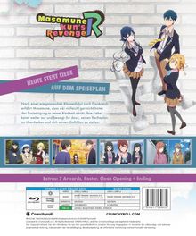 "Masamune kun's Revenge R", "HEUTE STEHT LIEBE AUF DEM SPEISEPLAN", bunte Anime-Charaktere vor Ziegelwand, Blu-ray Infos.