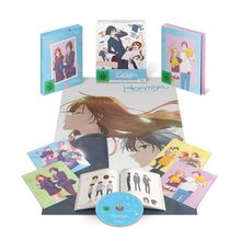 "Horimiya" und "The Missing Pieces". Boxen und Poster mit Anime-Figuren, bunte Illustrationen, eine DVD und ein Heft.