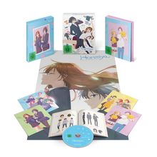 Mehrere Box-Sets von "Horimiya", ein aufgeklapptes Buch, Illustrationen und eine Disc mit Charakteren aus dem Anime.