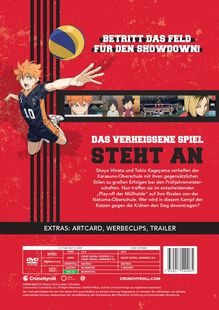 BETRITT DAS FELD FÜR DEN SHOWDOWN! Anime-Charakter in Aktion, umgeben von kleinen Bildern und Text über ein Volleyballspiel.