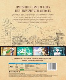 "Eine zweite Chance zu leben, eine Lebenszeit zum Aufholen." Illustration mit Dorf-Skizze, Anime-Szenen und Blu-ray Infos.