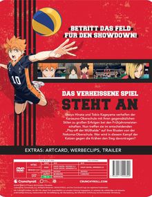 "Betritt das Feld für den Showdown! Das verheißene Spiel steht an. Shoyo Hinata und Tobio Kageyama verhelfen..."  
Illustration eines Volleyballspielers.