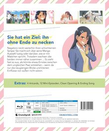 Text: "Sie hat ein Ziel: ihn ohne Ende zu necken." Mädchen in Schuluniform, lächelt schelmisch. Bilder oben zeigen Szenen aus einer Anime-Serie.