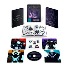 "Solo Leveling" auf Box, Buch und Illustrationen. Szenen mit Figuren in dunkler, kraftvoller Aufmachung. CD und Artbook dabei.