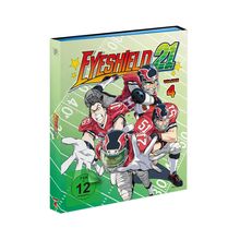 "Eyeshield 21 Volume 4". Drei American-Football-Spieler in roten Trikots, aggressiv und dynamisch auf Spielfeld.