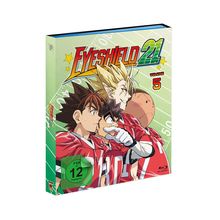 "Eyeshield 21 Volume 5". Drei Anime-Charaktere in Football-Ausrüstung, FSK 12-Freigabe, mit grünem Feld im Hintergrund.