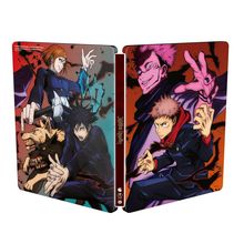 "Jujutsu Kaisen". Zwei dynamische Anime-Charaktergruppen in Aktion mit intensiven Gesichtsausdrücken und energetischen Posen.