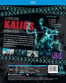 "LASS DIE KAIJUS KÄMPFEN" steht oben. Neonblauer, muskulöser Kaiju hebt seine Faust. Szenenbilder und Infos zu einer Blu-ray.