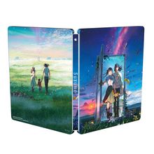 Text: Suzume. Zwei Illustrationen, links ein Paar mit Kind in einer grünen Wiese, rechts zwei Jugendliche vor einer Tür im Abendhimmel.