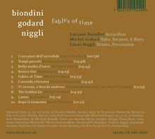 Text oben: "biondini godard niggli fables of time". Musiker: Luciano Biondini, Michel Godard, Lucas Niggli. Trackliste mit Titeln und Zeiten. Braun-beige Hintergrundfarbe.