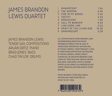 Eine Liste von Musiktiteln und Künstlern des James Brandon Lewis Quartet, inklusive Instrumentenangaben. Beige Hintergrund.
