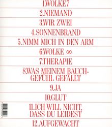 Textliste: WOLKE7, NIEMAND, WIR ZWEI, SONNENBRAND, NIMM MICH IN DEN ARM, WOLKE ∞, THERAPIE, WAS MEINEM BAUCHGEFÜHL GEFÄLLT, JA, GLUT, ICH WILL NICHT DASS DU LEIDEST, AUFGEWACHT.