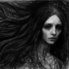 Keine Texte sichtbar. Eine finstere Illustration zeigt ein melancholisches Gesicht mit langen, fließenden Haaren.