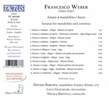 Text: Francesco Weber, Sonate à mandolino e basso; 12 Sonaten aufgelistet; Name: Davide Rebuffa; Instrumente: Mandoline, Cembalo, Violoncello. Oben links ein blaues, quadratisches Logo mit der Aufschrift "TACTUS".