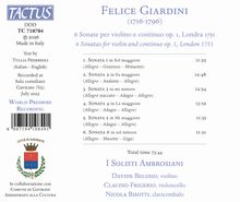 Linke Seite: "TACTUS", "Made in Italy", "Gavirate", "WORLD PREMIERE RECORDING", "CITTÀ DI GAVIRATE". Rechte Seite: Musikdetails, Komponist "Felice Giardini".