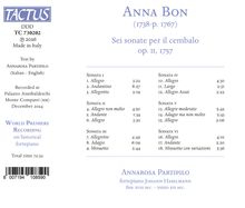 Logo „TACTUS“. „ANNA BON (1738-p. 1767)“, „Sei sonate per il cembalo op. 11, 1757“. Details zu Sonaten und Aufnahme.