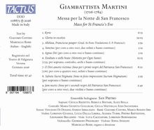 Giambattista Martini, Messa per la Notte di San Francesco, Ensemble bolognese San Pietro. Gesamtzeit 67:47. Tactus Logo.