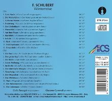 "F. SCHUBERT Winterreise" mit 24 Liedtiteln und Zeiten, Logo der AICS, CD 1 und CD 2 Gesamtlaufzeiten, blauer Hintergrund.