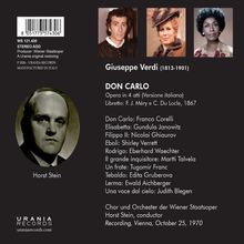 Titel: Don Carlo von Giuseppe Verdi. Oper in 4 Akten, mit Franco Corelli und Gundula Janowitz. Dirigent: Horst Stein. Illustratorische Portraits oben.