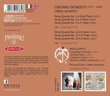 "Gaetano Donizetti String Quartets" und Namen der Stücke und Interpreten. Logoelemente von Pirastro und Arcus sind sichtbar.