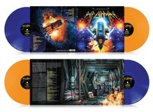 Text: "Def Leppard", "The Many Faces Of", Songliste in Gelb. Zwei Schallplatten, blau und orange. Illustration mit Raumschiff und Explosionen.