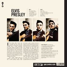 **ELVIS PRESLEY**

**SIDE 1**
1. Blue Suede Shoes
2. I'm Counting on You
3. I Got a Woman
4. One-Sided Love Affair
5. I Love You Because
6. Just Because

**SIDE 2**
1. Tutti Frutti
2. Tryin' to Get to You
3. I'm Gonna Sit Right Down and Cry
4. I'll Never Let You Go
5. Blue Moon
6. Money Honey

Drei Bilder von Elvis Presley mit Gitarre.