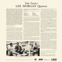 Texte im Bild: "Take Twelve: LEE MORGAN Quintet", "Side A", "Side B", "LEE MORGAN, trumpet", "Plaza Sound Studios, New York City, January 24, 1962".

Beschreibung: Ein Albumcover mit Informationen über LEE MORGAN und seine Band. Unten sind Musiker bei der Probe abgebildet.