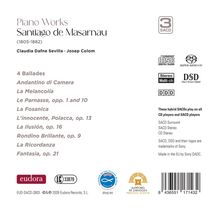 "Piano Works" von Santiago de Masarnau. Werke: Andantino di Camera, La Melancolía, usw. Unten links Logos von "eudora" und "AUDITORIO DE ZARAGOZA".