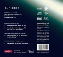 Albumtitel: "Traditio". Musiker: Cuarteto Iberia. Stücke von Boccherini, Mozart, Flecha. SACD-Hybrid, spielbar auf allen CD-Playern.