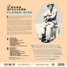 „Hank Williams Classic Hits“. Links oben Text: Biografie von Hank Williams. Rechts ein Foto von ihm mit Gitarre. Unten Zitate berühmter Musiker.