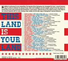 Großer Text: "THIS LAND IS YOUR LAND". 

Liste mit Liedtiteln und Künstlern, z.B. "WOODY GUTHRIE ★ THIS LAND IS YOUR LAND (1956) 2:16" usw. 

Unteres Drittel: "ECHOES & BLUES RECORDS 33301". 

Dekoration: Rote Sterne.
