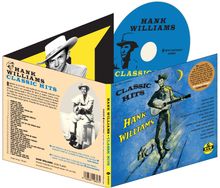 "HANK WILLIAMS CLASSIC HITS" mit einem gezeichneten Cowboy mit Gitarre und Hund unter einem Mond auf blauem Hintergrund.