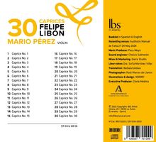 30 Caprices, Felipe Libon, Mario Pérez, Violin. Liste der Caprices. Logo von Ibs Classical. Hintergrund in Weiß und Gelb.