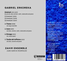 "GABRIEL ERKOREKA. Ametsak (2013-2021) für diverse Instrumente. ZAHIR ENSEMBLE, JUAN GARCÍA RODRÍGUEZ. Blaues abstraktes Design."