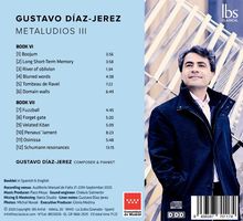 Gustavo Díaz-Jerez, Metaludios III, Trackliste mit Zeiten. Bild: Mann in Anzug, IBS Classical Logo oben rechts.