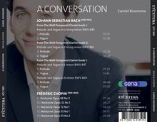 Titel: A CONVERSATION. Künstler: Camiel Boomsma. Musikstücke von Bach und Chopin. Links halbes Gesicht eines Mannes.