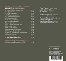 Texte: 

Wolfgang Amadeus Mozart Requiem KV626, 16 Stücke, z. B. "I. Introitus", Zeitangaben. Joseph Gabriel Rheinberger, 2 Werke. 

Clari Cantus und andere Chöre, Leitung: Michiel Haspeslagh. 

Dagmara Dobrowolska (Sopran), Sandra Paelinck (Alt), Leander Van Gijsegem (Tenor), Thomas Vandenabeele (Bass). 

Etcetera Records.