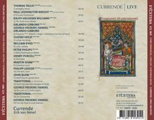 Links Liste von Komponisten und Titeln mit Zeiten, rechts oben "CURRENDE LIVE", Illustration mit Maria und Jesuskind.