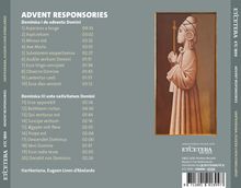 ADVENT RESPONSVORIES, zwei Listen mit lateinischen Titeln und Zeiten. Rechts davon eine Illustration einer betenden Person.