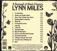 Albumrückseite, Titel: "A Bouquet of Black Flowers". Künstler: LYNN MILES. 15 Liedtitel mit Zeiten. Florales Design links.