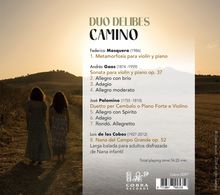 "DUO DELIBES CAMINO" – Eine Trackliste klassischer Musik vor einem Feldweg bei Sonnenuntergang. Zwei Frauen im Bildhintergrund.