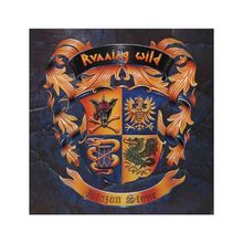 Text: "Running Wild" oben, "Blazon Stone" unten. Ein Wappen mit vier Feldern: Wolfskopf, Adler, Schlange, Drache.