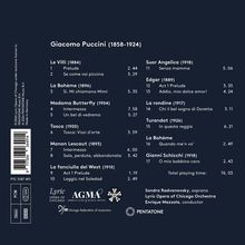 Text: "Giacomo Puccini (1858–1924)", gefolgt von Titeln und Zeiten seiner Werke. Logos von Lyric Opera und Pentatone sind sichtbar.