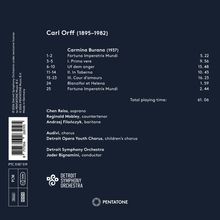 Carl Orff (1895–1982), Carmina Burana (1937), Stücke, Interpreten und Gesamtspielzeit. Enthält Logos des Orchesters und Labels.