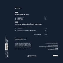 "CREDO. Arvo Pärt und Johann Sebastian Bach Werke, transkribiert von Alexander Boldachev (Harfe). Gesamtspielzeit: 36:29."