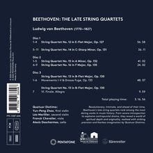Titel: "BEETHOVEN: THE LATE STRING QUARTETS". Details zu Stücken und Musikern. Logos: PENTATONE, Ferme de Villefavard, Bärenreiter.
